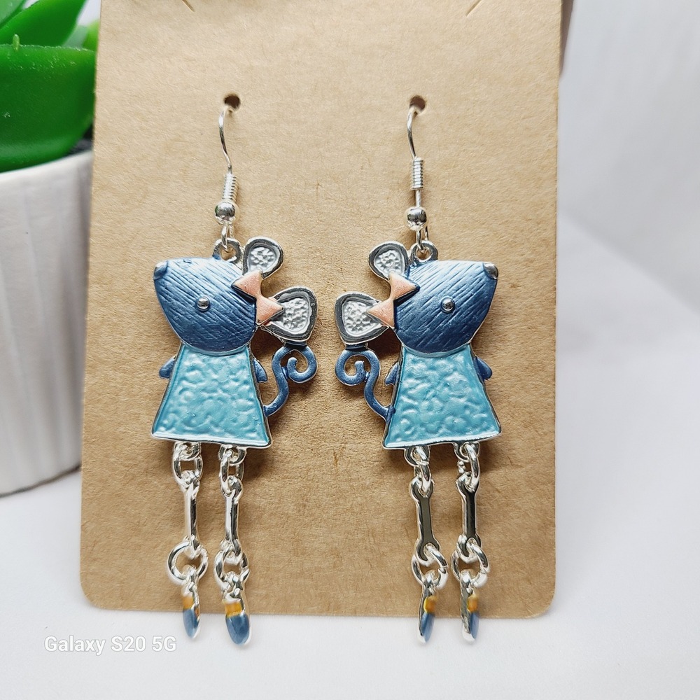 Cute Mouse Dangle Earrings Whimsical Silver‎ Tone Blue Enamel Fun Jewelry NWOT